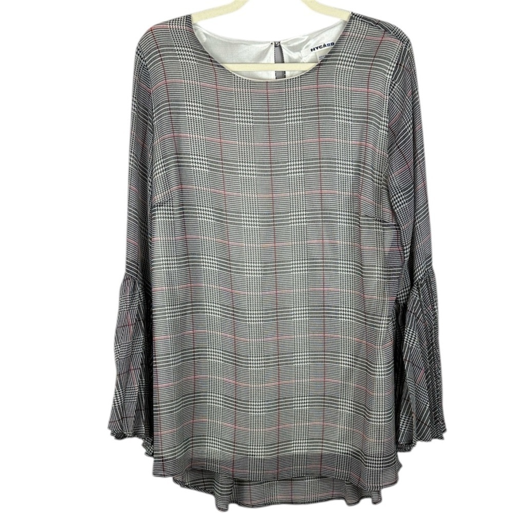 Peter Nygard Gray Plaid White Inner Lining Angel Pleated Sleeve Large Blouse